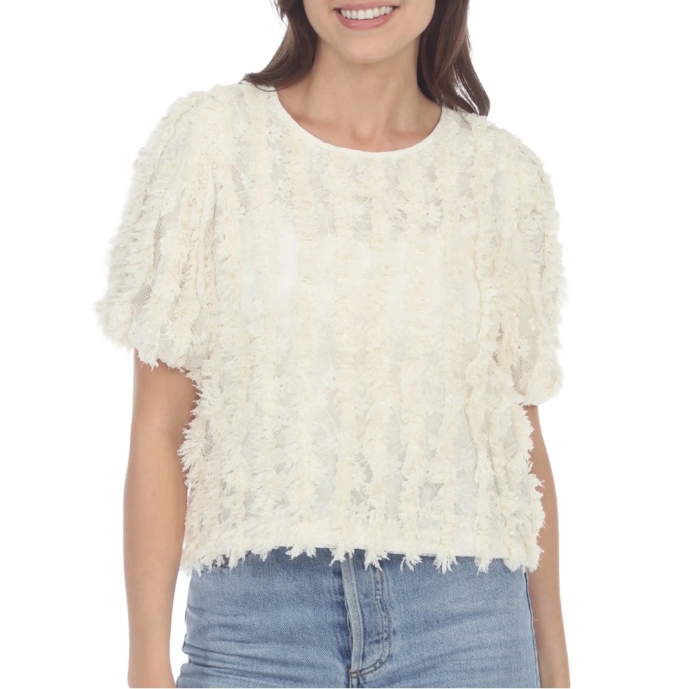RAIN Eyelash Fringe Lace Blouse‎ Short Sleeve Boho Top Off White Women’s Sz M